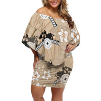 Bula Fiji Iri Buli Off Shoulder Short Dress Woven Fan With Fijian Tapa LT14 Women Beige - Polynesian Pride