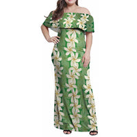 Ia Orana Tahiti Tiare Maori Seamless Style Family Matching Off Shoulder Maxi Dress and Hawaiian Shirt LT14 Mom's Dress Green - Polynesian Pride