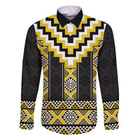 Yellow Taniko Aotearoa Family Matching Off The Shoulder Long Sleeve Dress and Hawaiian Shirt Niho Taniwha Mix Poutama LT14 Dad's Shirt - Long Sleeve Yellow - Polynesian Pride