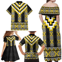 Yellow Taniko Aotearoa Family Matching Off Shoulder Maxi Dress and Hawaiian Shirt Niho Taniwha Mix Poutama LT14 - Polynesian Pride