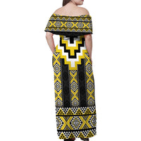 Yellow Taniko Aotearoa Family Matching Off Shoulder Maxi Dress and Hawaiian Shirt Niho Taniwha Mix Poutama LT14 - Polynesian Pride