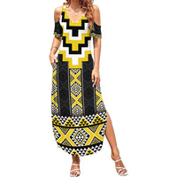 Yellow Taniko Aotearoa Family Matching Summer Maxi Dress and Hawaiian Shirt Niho Taniwha Mix Poutama LT14 Mom's Dress Yellow - Polynesian Pride