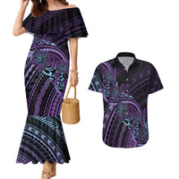 Teal Purple Polynesia Plumeria Tattoo Couples Matching Mermaid Dress and Hawaiian Shirt LT14 Purple - Polynesian Pride