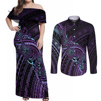 Teal Purple Polynesia Plumeria Tattoo Couples Matching Off Shoulder Maxi Dress and Long Sleeve Button Shirt