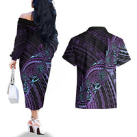 Teal Purple Polynesia Plumeria Tattoo Couples Matching Off The Shoulder Long Sleeve Dress and Hawaiian Shirt LT14 - Polynesian Pride