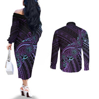 Teal Purple Polynesia Plumeria Tattoo Couples Matching Off The Shoulder Long Sleeve Dress and Long Sleeve Button Shirt LT14 - Polynesian Pride