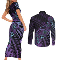 Teal Purple Polynesia Plumeria Tattoo Couples Matching Short Sleeve Bodycon Dress and Long Sleeve Button Shirt LT14 - Polynesian Pride