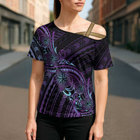 Teal Purple Polynesia Plumeria Tattoo Cross Shoulder Shirt