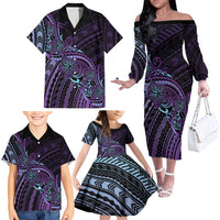 Teal Purple Polynesia Plumeria Tattoo Family Matching Off The Shoulder Long Sleeve Dress and Hawaiian Shirt LT14 - Polynesian Pride