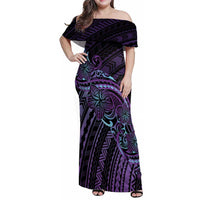 Teal Purple Polynesia Plumeria Tattoo Family Matching Off Shoulder Maxi Dress and Hawaiian Shirt LT14 Mom's Dress Purple - Polynesian Pride