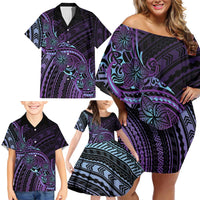 Teal Purple Polynesia Plumeria Tattoo Family Matching Off Shoulder Short Dress and Hawaiian Shirt LT14 - Polynesian Pride