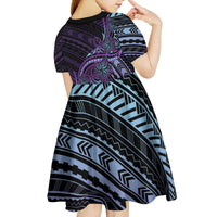 Teal Purple Polynesia Plumeria Tattoo Kid Short Sleeve Dress
