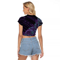 Teal Purple Polynesia Plumeria Tattoo Raglan Cropped T Shirt