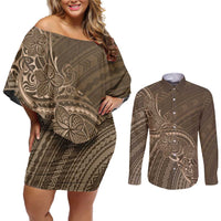 Brown Polynesia Plumeria Tattoo Couples Matching Off Shoulder Short Dress and Long Sleeve Button Shirt