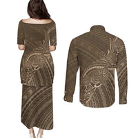 Brown Polynesia Plumeria Tattoo Couples Matching Puletasi and Long Sleeve Button Shirt