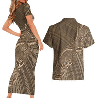 Brown Polynesia Plumeria Tattoo Couples Matching Short Sleeve Bodycon Dress and Hawaiian Shirt