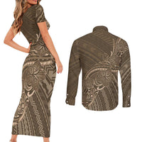 Brown Polynesia Plumeria Tattoo Couples Matching Short Sleeve Bodycon Dress and Long Sleeve Button Shirt