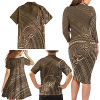 Brown Polynesia Plumeria Tattoo Family Matching Long Sleeve Bodycon Dress and Hawaiian Shirt LT14 - Polynesian Pride