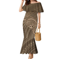 Brown Polynesia Plumeria Tattoo Family Matching Mermaid Dress and Hawaiian Shirt LT14 Mom's Dress Brown - Polynesian Pride