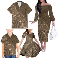 Brown Polynesia Plumeria Tattoo Family Matching Off The Shoulder Long Sleeve Dress and Hawaiian Shirt LT14 - Polynesian Pride