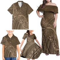 Brown Polynesia Plumeria Tattoo Family Matching Off Shoulder Maxi Dress and Hawaiian Shirt LT14 - Polynesian Pride