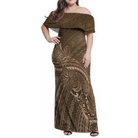 Brown Polynesia Plumeria Tattoo Family Matching Off Shoulder Maxi Dress and Hawaiian Shirt LT14 Mom's Dress Brown - Polynesian Pride