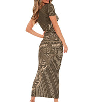 Brown Polynesia Plumeria Tattoo Family Matching Short Sleeve Bodycon Dress and Hawaiian Shirt LT14 - Polynesian Pride