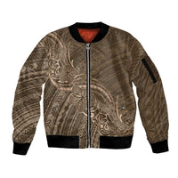Brown Polynesia Plumeria Tattoo Sleeve Zip Bomber Jacket