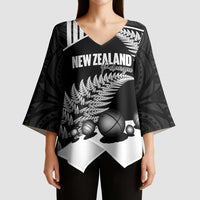 Custom New Zealand Silver Fern Petanque Kimono Sleeve Blouse Aotearoa Maori Pattern