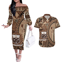 Samoa Siapo Couples Matching Off The Shoulder Long Sleeve Dress and Hawaiian Shirt Happy Independence Day Vintage Vibes LT14 Brown - Polynesian Pride