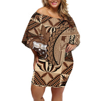Samoa Siapo Family Matching Off Shoulder Short Dress and Hawaiian Shirt Happy Independence Day Vintage Vibes LT14 Mom's Dress Brown - Polynesian Pride