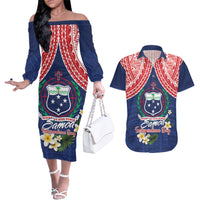 Samoan Independence Day Couples Matching Off The Shoulder Long Sleeve Dress and Hawaiian Shirt Manuia Le Tutoatasi O Samoa LT14 Blue - Polynesian Pride
