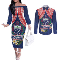 Samoan Independence Day Couples Matching Off The Shoulder Long Sleeve Dress and Long Sleeve Button Shirt Manuia Le Tutoatasi O Samoa LT14 Blue - Polynesian Pride