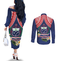 Samoan Independence Day Couples Matching Off The Shoulder Long Sleeve Dress and Long Sleeve Button Shirt Manuia Le Tutoatasi O Samoa LT14 - Polynesian Pride