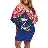 Samoan Independence Day Family Matching Off Shoulder Short Dress and Hawaiian Shirt Manuia Le Tutoatasi O Samoa LT14 Mom's Dress Blue - Polynesian Pride