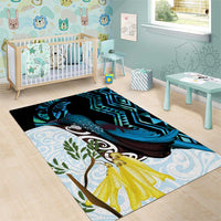 New Zealand Silver Fern Tui Bird Area Rug Maori Kowhai Paua Shell Taniko Motifs