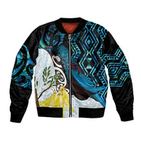 New Zealand Silver Fern Tui Bird Bomber Jacket Maori Kowhai Paua Shell Taniko Motifs LT14 Unisex Turquoise - Polynesian Pride