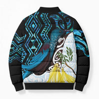 New Zealand Silver Fern Tui Bird Bomber Puffer Jacket Maori Kowhai Paua Shell Taniko Motifs LT14 - Polynesian Pride