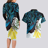 New Zealand Silver Fern Tui Bird Couples Matching Long Sleeve Bodycon Dress and Hawaiian Shirt Maori Kowhai Paua Shell Taniko Motifs LT14 - Polynesian Pride