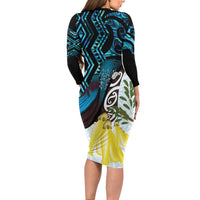 New Zealand Silver Fern Tui Bird Family Matching Long Sleeve Bodycon Dress and Hawaiian Shirt Maori Kowhai Paua Shell Taniko Motifs LT14 - Polynesian Pride