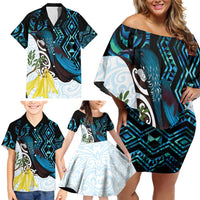 New Zealand Silver Fern Tui Bird Family Matching Off Shoulder Short Dress and Hawaiian Shirt Maori Kowhai Paua Shell Taniko Motifs LT14 - Polynesian Pride