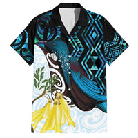 New Zealand Silver Fern Tui Bird Family Matching Off Shoulder Short Dress and Hawaiian Shirt Maori Kowhai Paua Shell Taniko Motifs LT14 Dad's Shirt - Short Sleeve Turquoise - Polynesian Pride