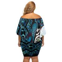 New Zealand Silver Fern Tui Bird Family Matching Off Shoulder Short Dress and Hawaiian Shirt Maori Kowhai Paua Shell Taniko Motifs LT14 - Polynesian Pride