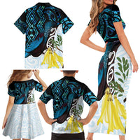 New Zealand Silver Fern Tui Bird Family Matching Short Sleeve Bodycon Dress and Hawaiian Shirt Maori Kowhai Paua Shell Taniko Motifs LT14 - Polynesian Pride