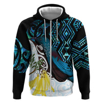 New Zealand Silver Fern Tui Bird Hoodie Maori Kowhai Paua Shell Taniko Motifs LT14 Zip Hoodie Turquoise - Polynesian Pride