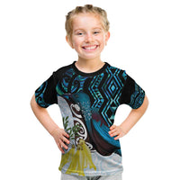 New Zealand Silver Fern Tui Bird Kid T Shirt Maori Kowhai Paua Shell Taniko Motifs LT14 Turquoise - Polynesian Pride