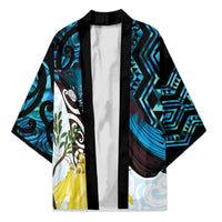 New Zealand Silver Fern Tui Bird Kimono Maori Kowhai Paua Shell Taniko Motifs LT14 Unisex Turquoise - Polynesian Pride