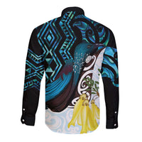 New Zealand Silver Fern Tui Bird Long Sleeve Button Shirt Maori Kowhai Paua Shell Taniko Motifs LT14 - Polynesian Pride