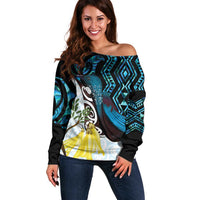 New Zealand Silver Fern Tui Bird Off Shoulder Sweater Maori Kowhai Paua Shell Taniko Motifs LT14 Women Turquoise - Polynesian Pride