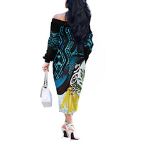 New Zealand Silver Fern Tui Bird Off The Shoulder Long Sleeve Dress Maori Kowhai Paua Shell Taniko Motifs LT14 - Polynesian Pride